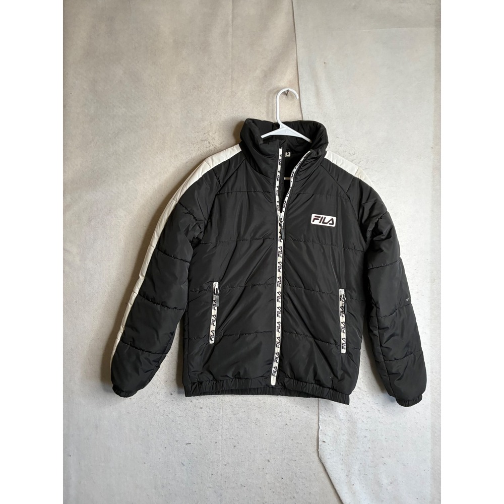 FILA Mens Black White Colorblock Puffer Jacket Full Zip Logo Tape Quilted Small
